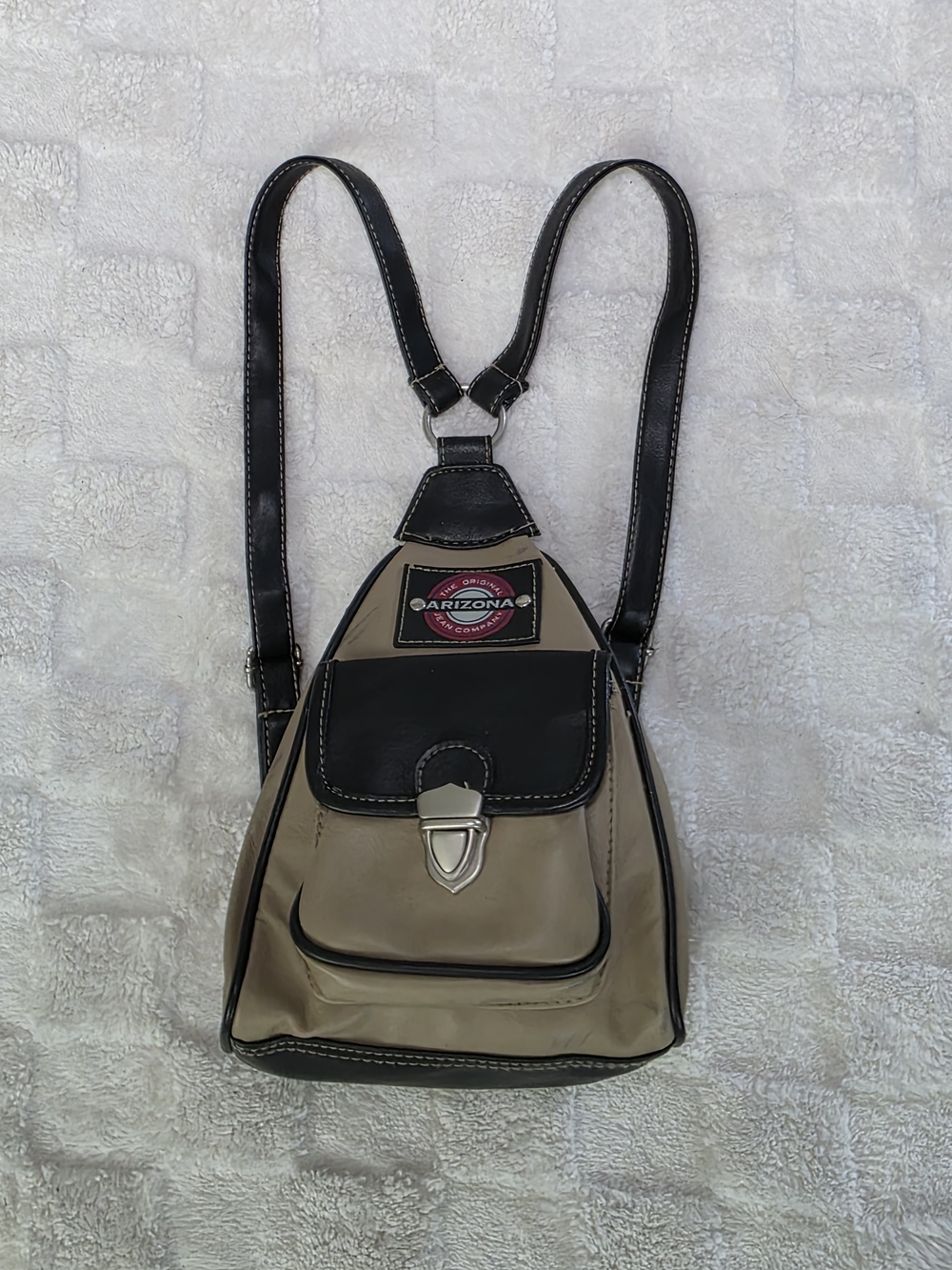 VINTAGE ARIZONA JEAN COMPANY MINI BACKPACK TAN + BLACK WITH SILVER HARDWARE EVC